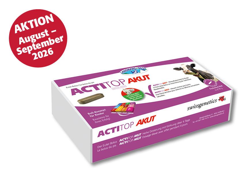 Actitop Akut ist ein Bolus mit Knoblauch, Nelke und Eukalyptus zur Stärkung der Euterabwehr bei Stress oder ersten Entzündungsanzeichen, ohne Absetzfrist oder Milchgeschmacksveränderung, mit Aktionsangebot im Sommer 2026.
