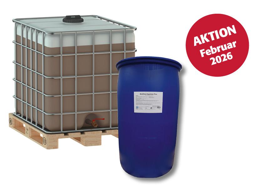 Appetizer Plus ist ein flüssiges Ergänzungsfuttermittel mit Malzextrakt, Glycerin und Traubenzucker zur gezielten Energieversorgung von Rindern und Kälbern, besonders in der Startphase. Aktion im Februar 2026.