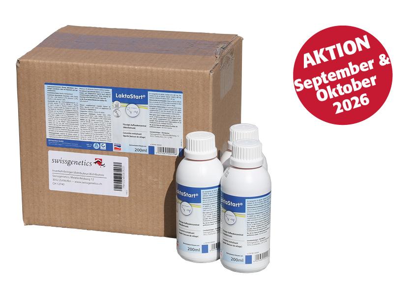 LaktaStart gleicht Verluste nach dem Abkalben aus, fördert Wasseraufnahme, Appetit und Stoffwechsel. Aktion bis Ende Oktober 2026: 200-ml-Flasche für CHF 7.80, Karton für CHF 89.00.