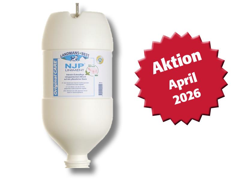 NJP Liniment ist eine intensive Euterpflege mit japanischem Pfefferminzöl. Es stärkt beanspruchte Euter, fördert die Durchblutung und kühlt. In der Schweiz für den Biolandbau zugelassen. Aktion im April 2026 für die 2,5‑l‑Bombe.