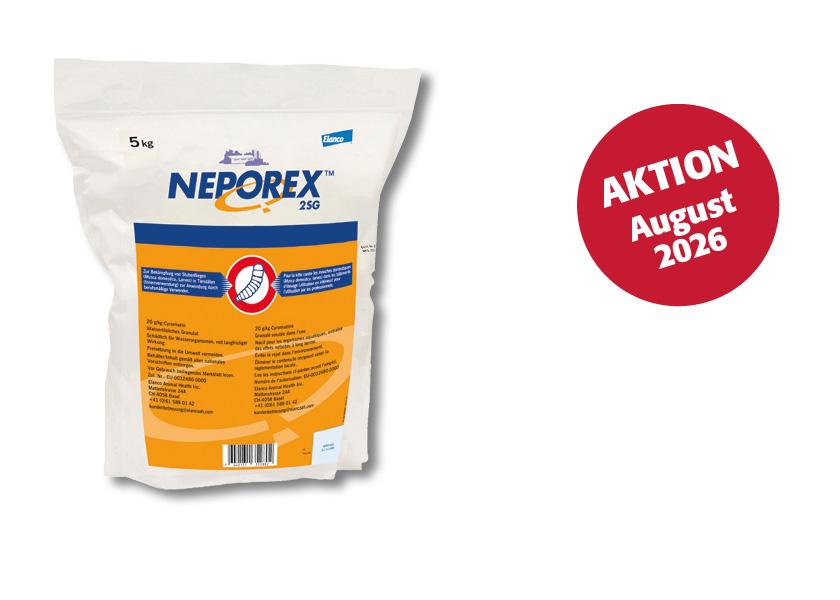 Neporex ist ein nachhaltig wirkendes Larvizid, das die Entwicklung von Fliegenlarven im Mist und in der Gülle stoppt. Das wasserlösliche Granulat wird regelmässig angewendet und ist im August 2026 zu Aktionspreisen erhältlich.