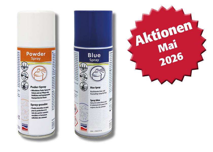 Blauspray und Puderspray sind im Mai 2026 im Angebot (400 ml). Sie schützen und pflegen empfindliche oder nässende Haut, sind antibiotikafrei, ohne Absetzfrist und für den Bio-Landbau zugelassen.