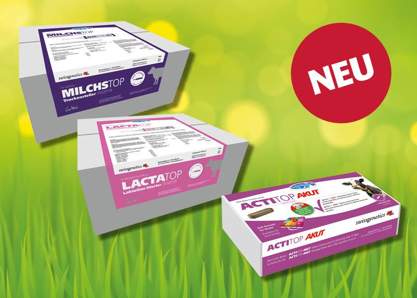 Swissgenetics präsentiert neue Hoflieferprodukte: Milchstop unterstützt das Trockenstellen, Lactatop stärkt Kühe nach dem Kalben mit Energie und Nährstoffen, und Actitop fördert die Eutergesundheit in Stressphasen – jetzt mit attraktiven Einführungsangeboten.